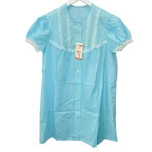 Vintage Springmaid 60s Nightgown Robe Size L Blue Short Sleeve Ruffle New